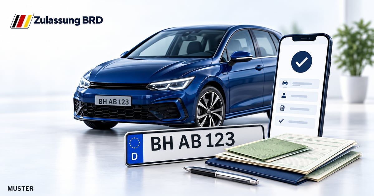 Online Fahrzeugzulassung in Ortenaukreis: Musterkennzeichen BH AB 123, Auto und Fahrzeugpapiere und Smartphone. Illustration mit Logo von Zulassung BRD.